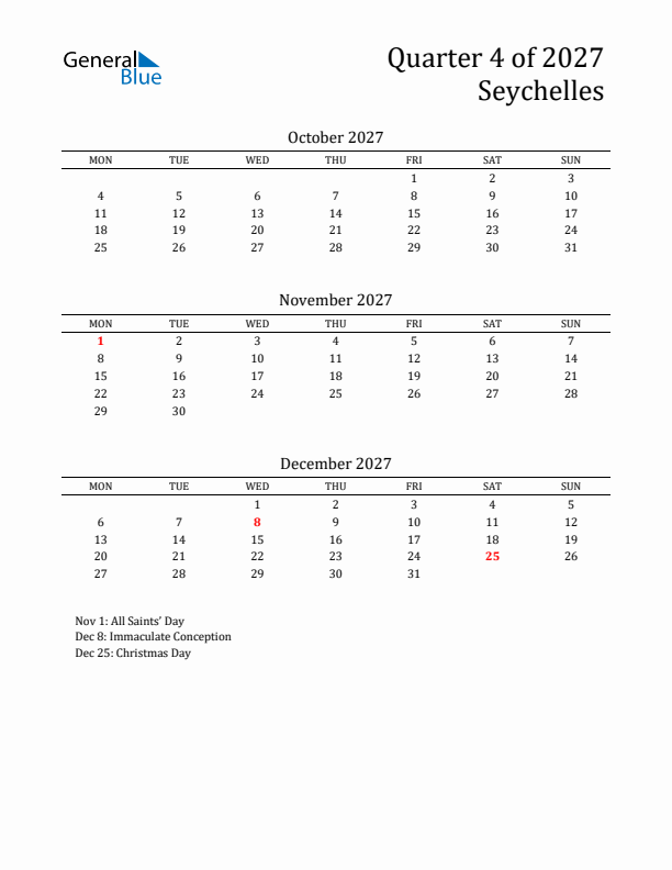 Quarter 4 2027 Seychelles Quarterly Calendar