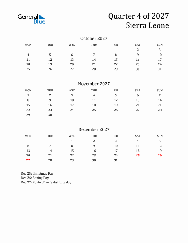Quarter 4 2027 Sierra Leone Quarterly Calendar