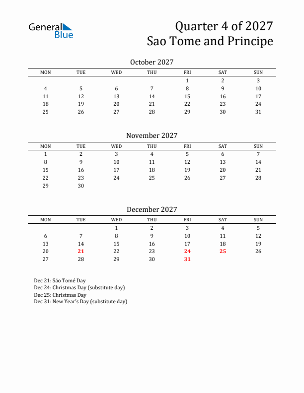 Quarter 4 2027 Sao Tome and Principe Quarterly Calendar