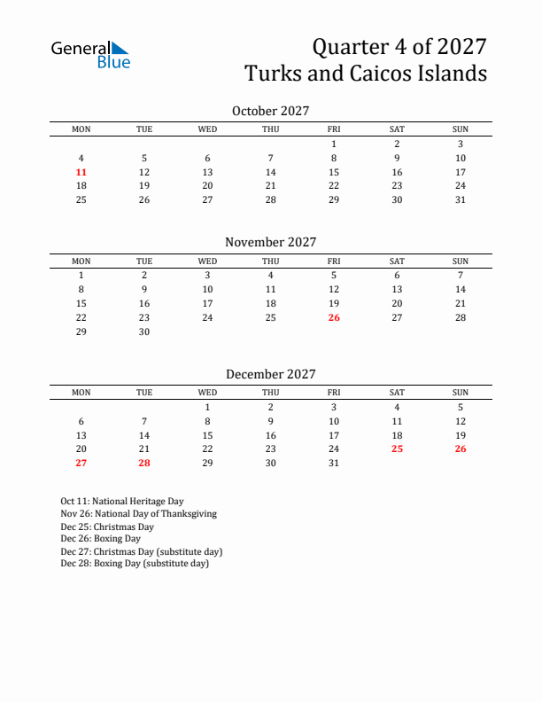 Quarter 4 2027 Turks and Caicos Islands Quarterly Calendar