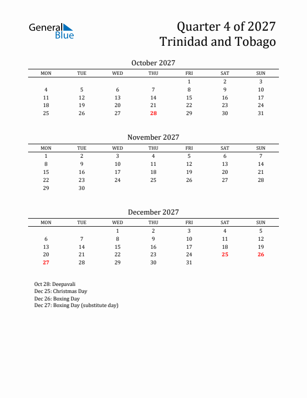 Quarter 4 2027 Trinidad and Tobago Quarterly Calendar