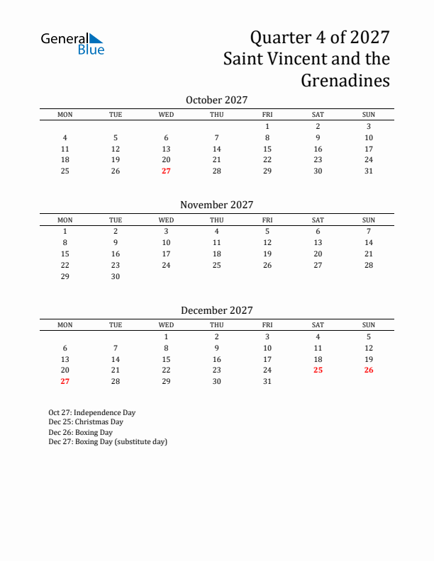 Quarter 4 2027 Saint Vincent and the Grenadines Quarterly Calendar