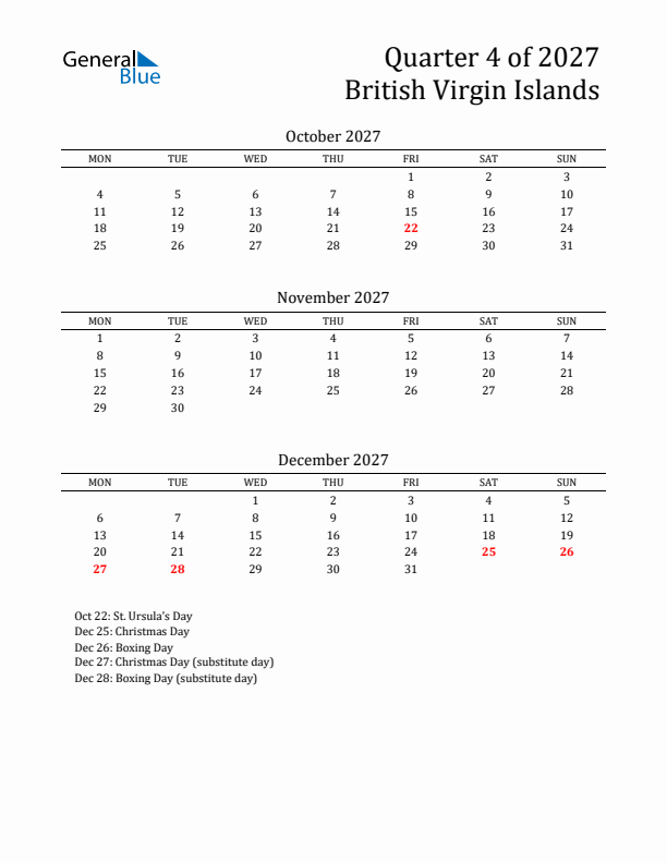 Quarter 4 2027 British Virgin Islands Quarterly Calendar