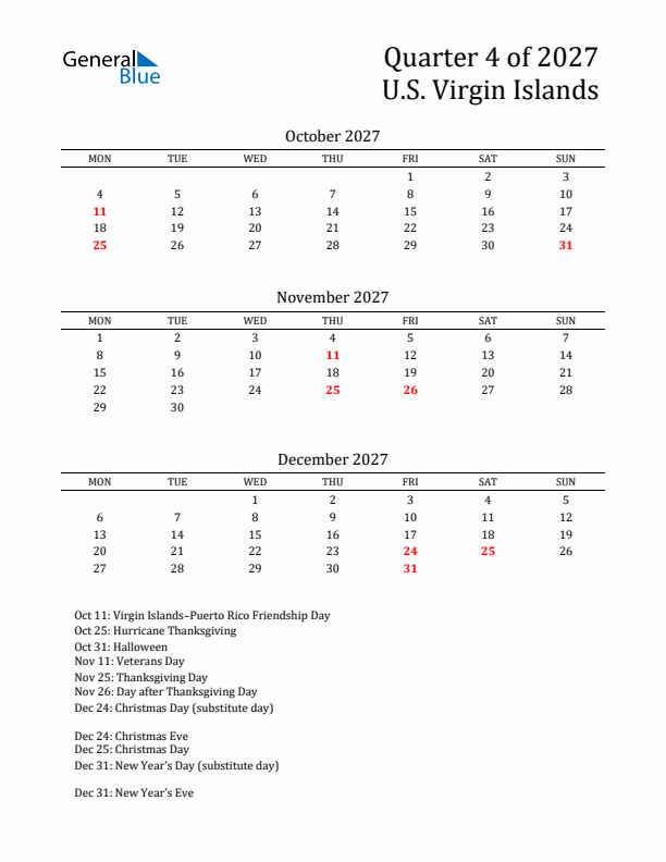 Quarter 4 2027 U.S. Virgin Islands Quarterly Calendar