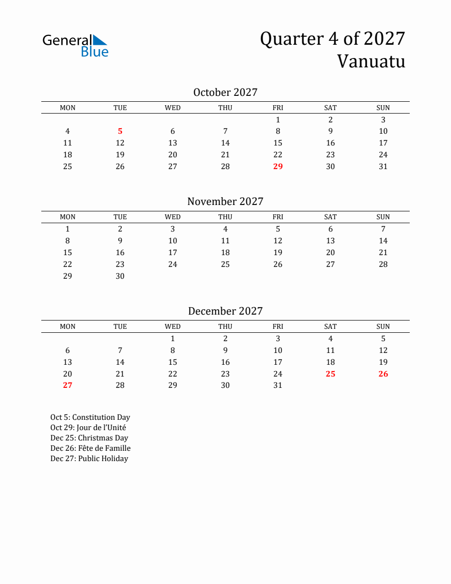 Quarter 4 2027 Vanuatu Calendar - Monday Start