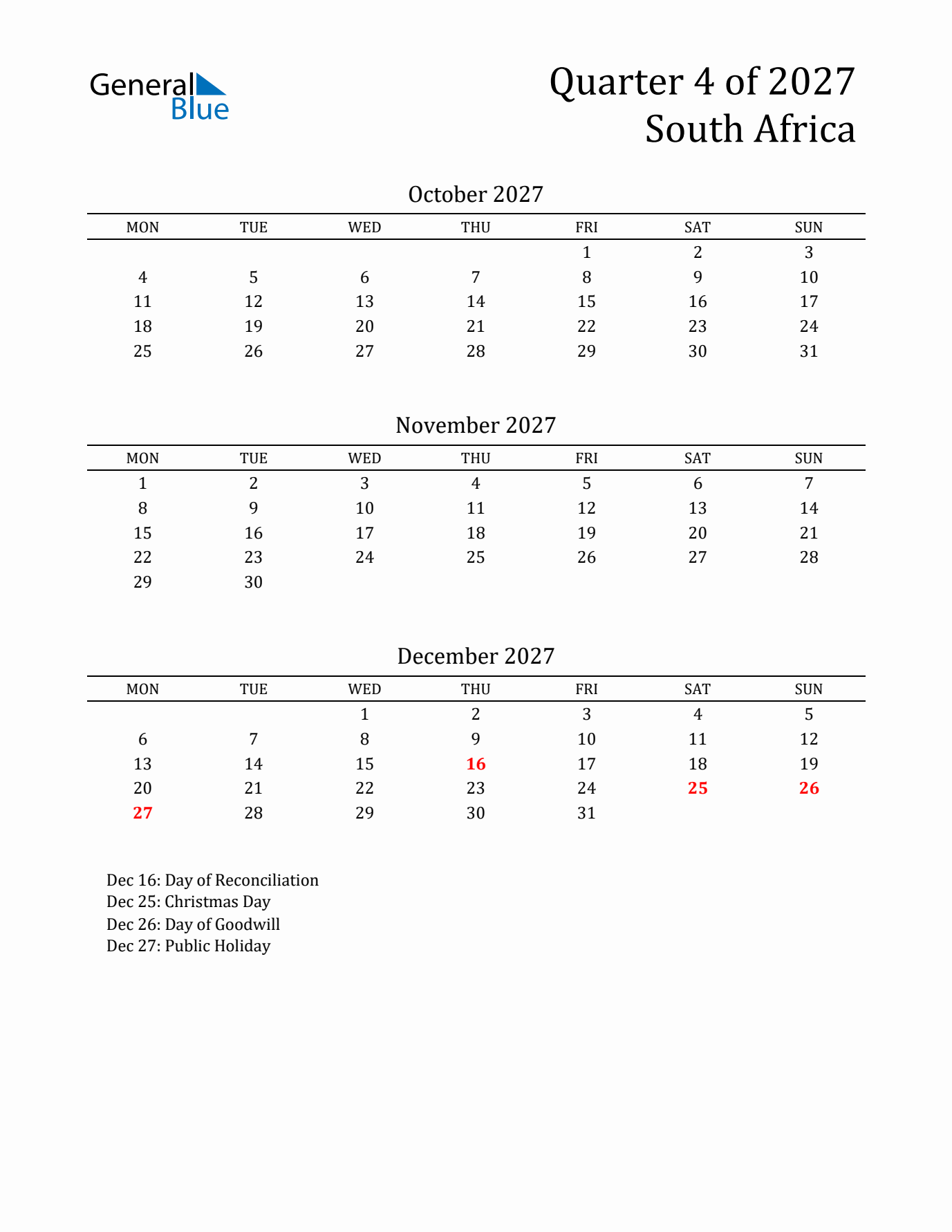 Quarter 4 2027 South Africa Quarterly Calendar