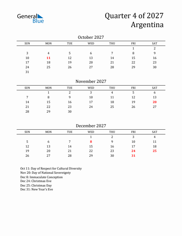 Quarter 4 2027 Argentina Quarterly Calendar