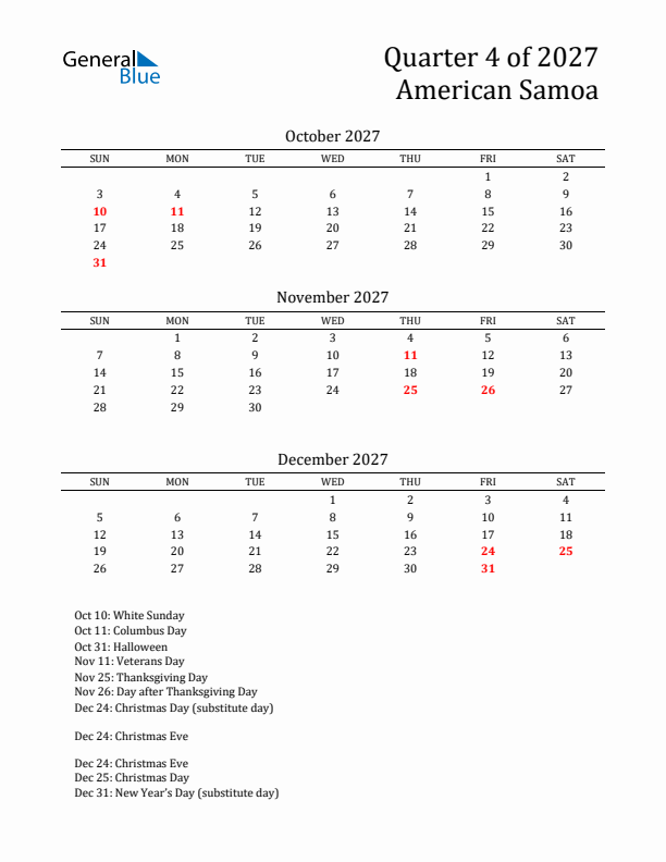 Quarter 4 2027 American Samoa Quarterly Calendar