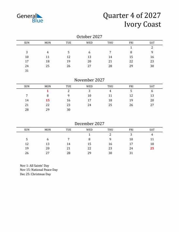 Quarter 4 2027 Ivory Coast Quarterly Calendar