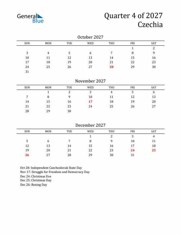 Quarter 4 2027 Czechia Quarterly Calendar
