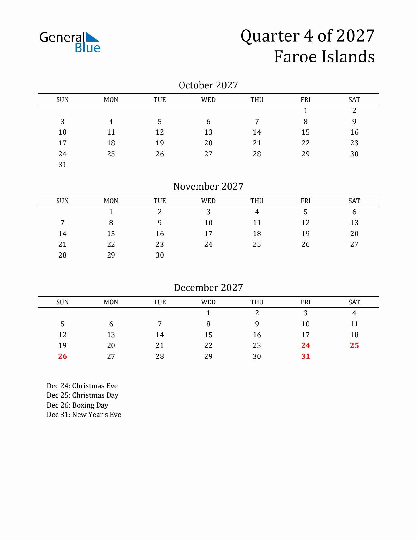 Quarter 4 2027 Faroe Islands Quarterly Calendar