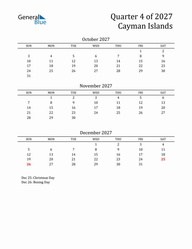 Quarter 4 2027 Cayman Islands Quarterly Calendar