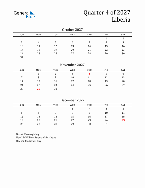 Quarter 4 2027 Liberia Quarterly Calendar