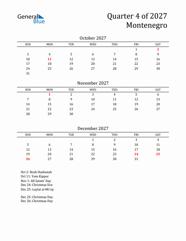 Quarter 4 2027 Montenegro Quarterly Calendar