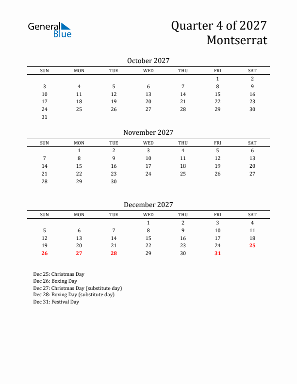 Quarter 4 2027 Montserrat Quarterly Calendar