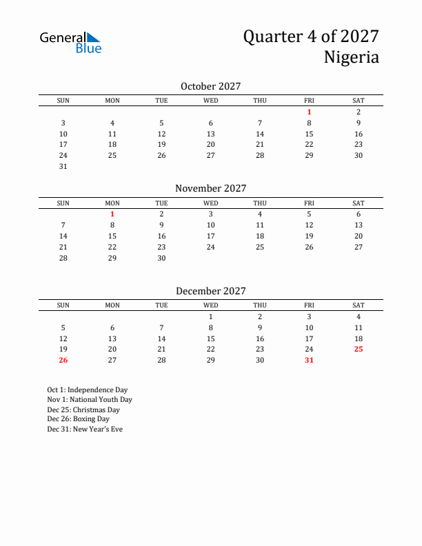 Quarter 4 2027 Nigeria Quarterly Calendar