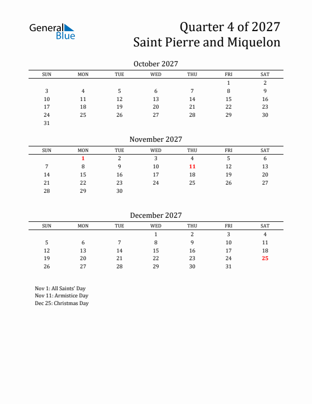 Quarter 4 2027 Saint Pierre and Miquelon Quarterly Calendar