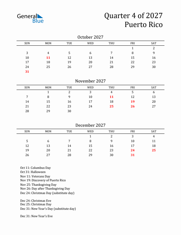 Quarter 4 2027 Puerto Rico Quarterly Calendar