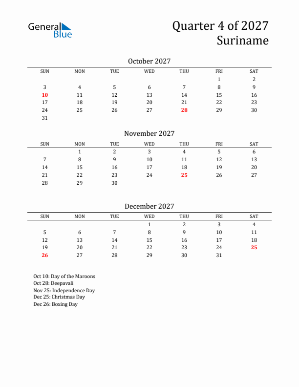 Quarter 4 2027 Suriname Quarterly Calendar