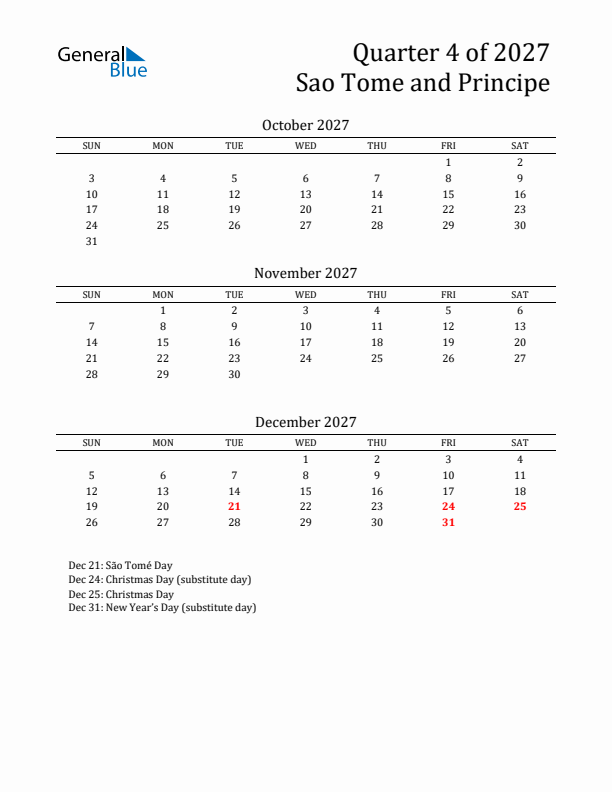 Quarter 4 2027 Sao Tome and Principe Quarterly Calendar