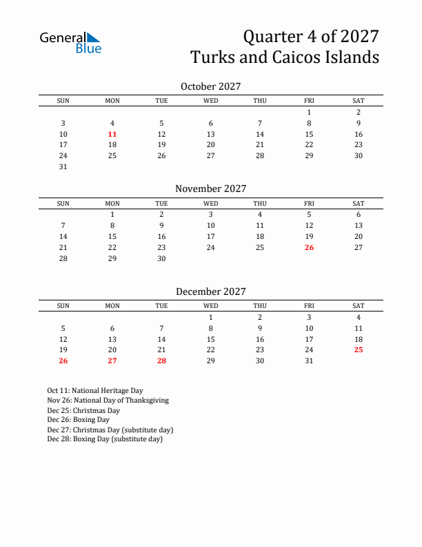 Quarter 4 2027 Turks and Caicos Islands Quarterly Calendar