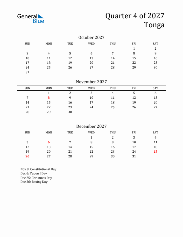 Quarter 4 2027 Tonga Quarterly Calendar