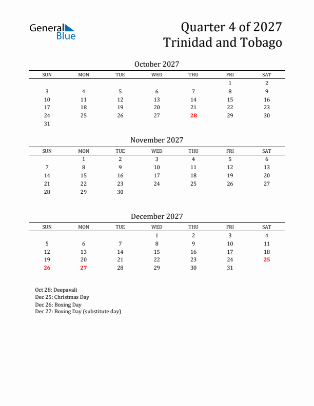 Quarter 4 2027 Trinidad and Tobago Quarterly Calendar