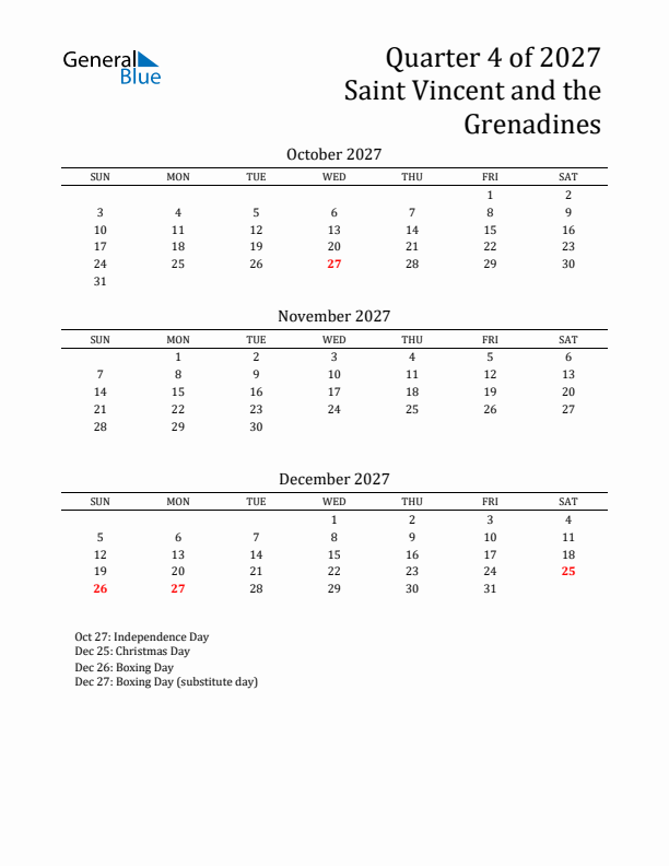 Quarter 4 2027 Saint Vincent and the Grenadines Quarterly Calendar
