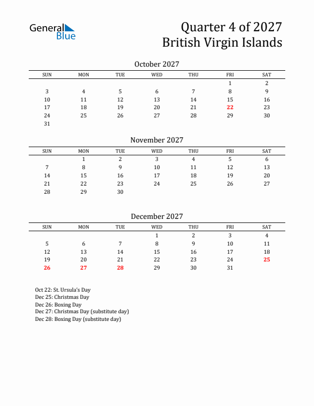 Quarter 4 2027 British Virgin Islands Quarterly Calendar