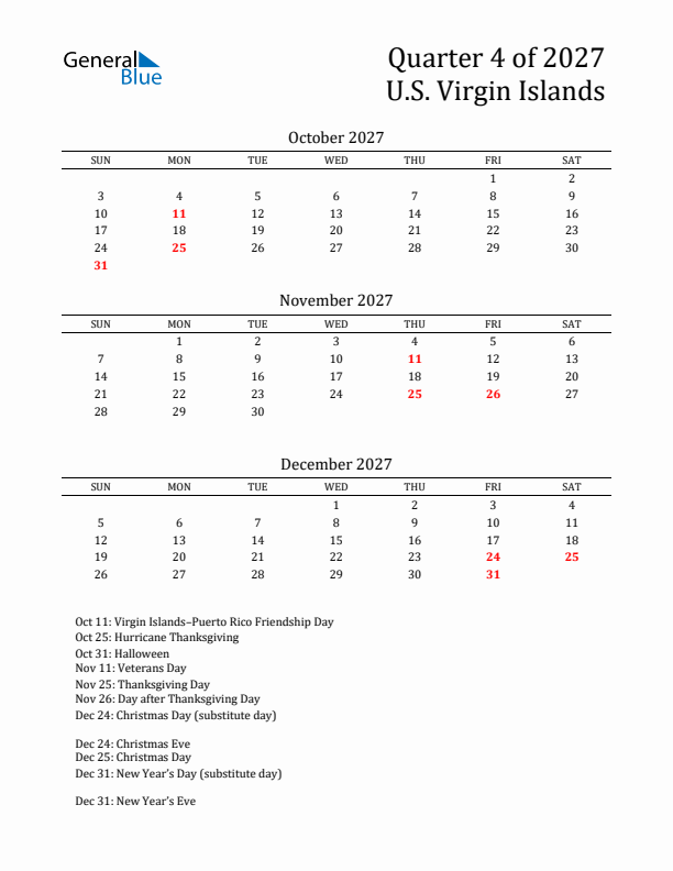 Quarter 4 2027 U.S. Virgin Islands Quarterly Calendar