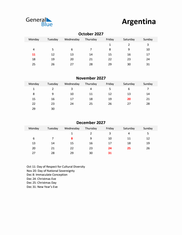 Printable Quarterly Calendar with Notes and Argentina Holidays- Q4 of 2027