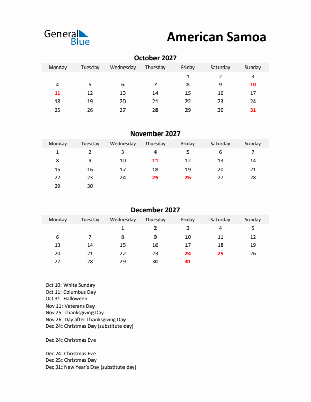 Printable Quarterly Calendar with Notes and American Samoa Holidays- Q4 of 2027