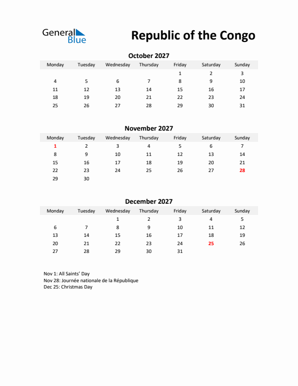 Printable Quarterly Calendar with Notes and Republic of the Congo Holidays- Q4 of 2027