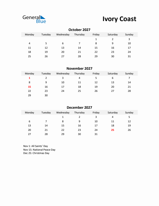 Printable Quarterly Calendar with Notes and Ivory Coast Holidays- Q4 of 2027