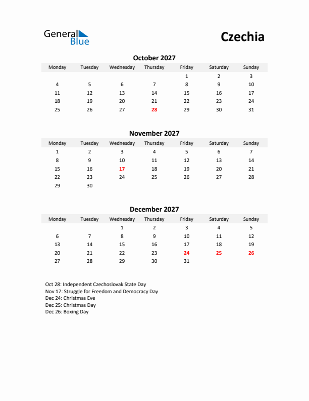Printable Quarterly Calendar with Notes and Czechia Holidays- Q4 of 2027