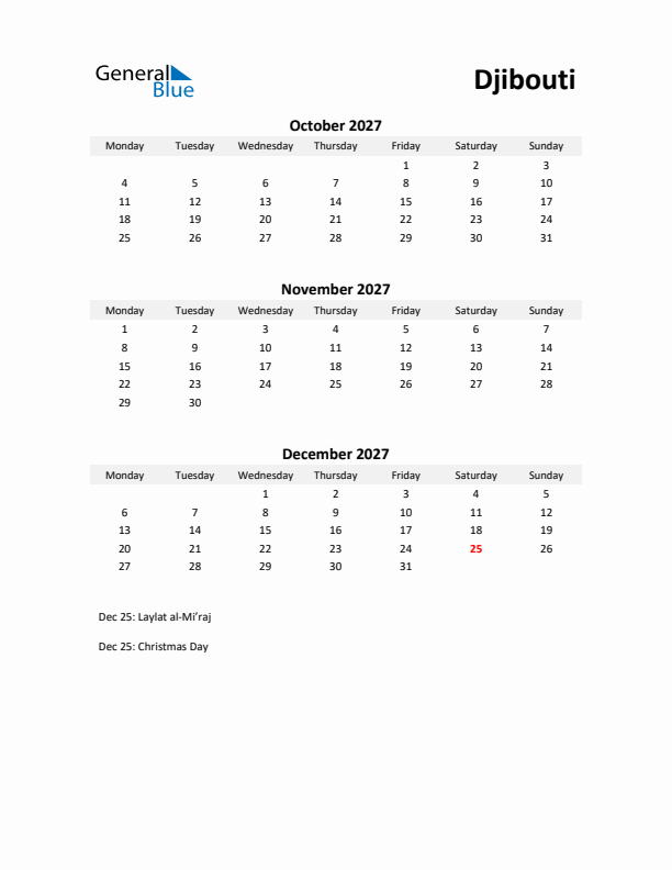 Printable Quarterly Calendar with Notes and Djibouti Holidays- Q4 of 2027