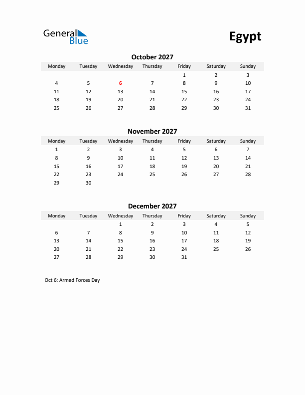Printable Quarterly Calendar with Notes and Egypt Holidays- Q4 of 2027