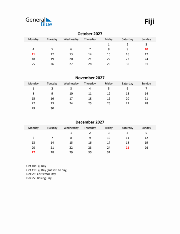Printable Quarterly Calendar with Notes and Fiji Holidays- Q4 of 2027