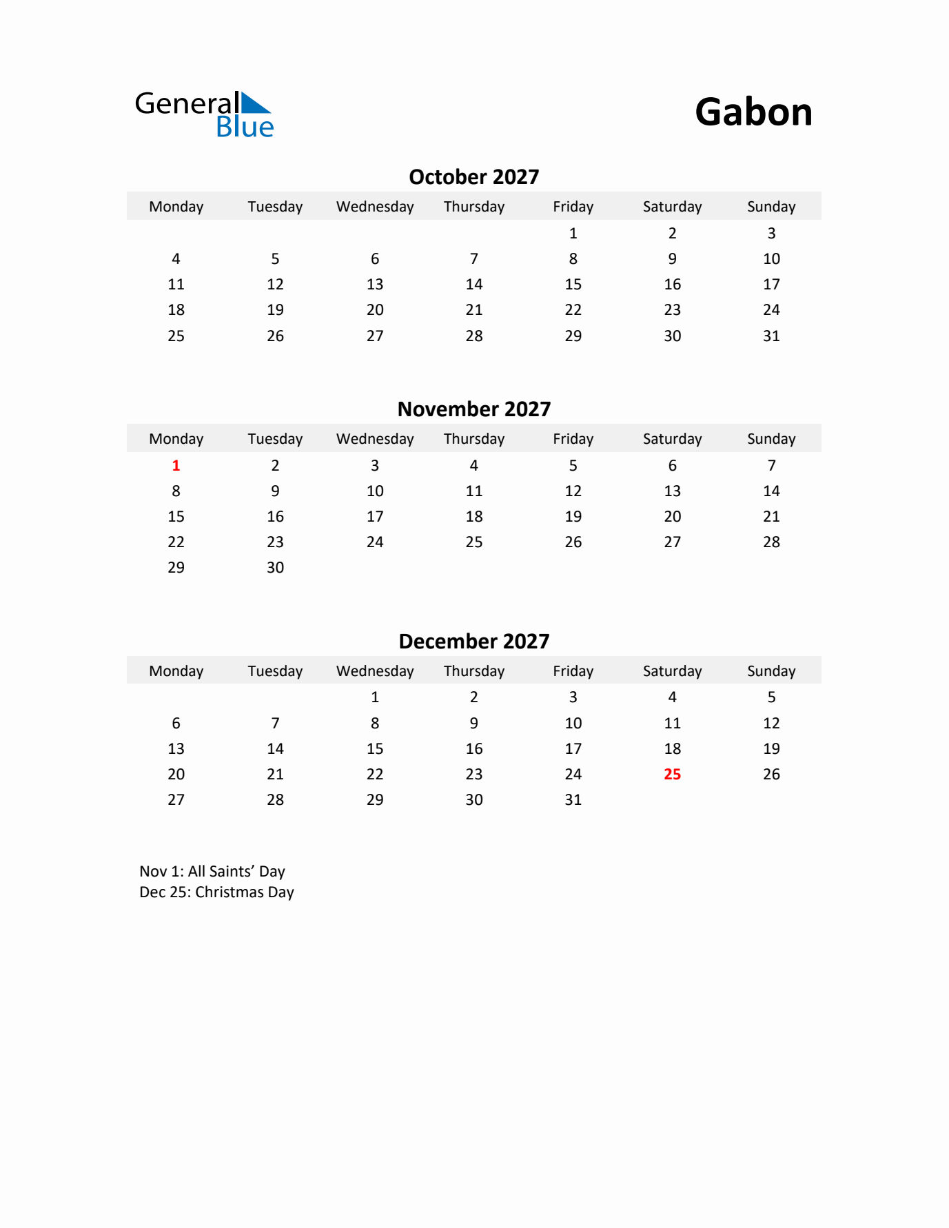 Printable Quarterly Calendar with Notes and Gabon Holidays- Q4 of 2027