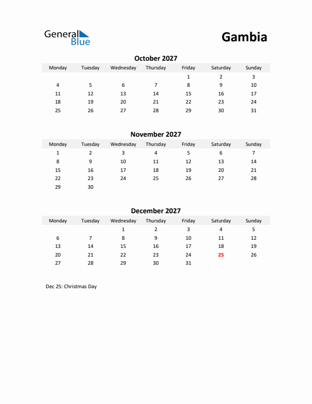Printable Quarterly Calendar with Notes and Gambia Holidays- Q4 of 2027