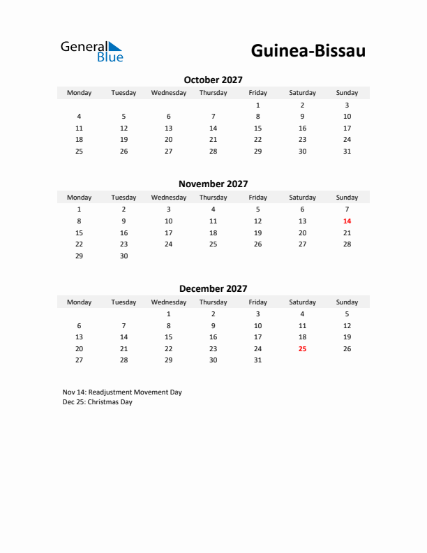 Printable Quarterly Calendar with Notes and Guinea-Bissau Holidays- Q4 of 2027
