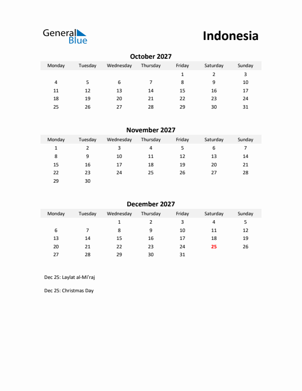 Printable Quarterly Calendar with Notes and Indonesia Holidays- Q4 of 2027