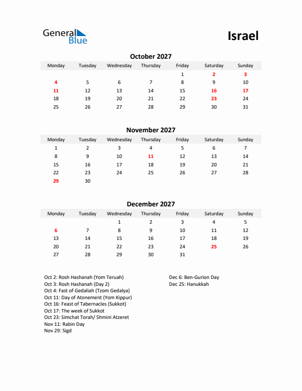 Printable Quarterly Calendar with Notes and Israel Holidays- Q4 of 2027