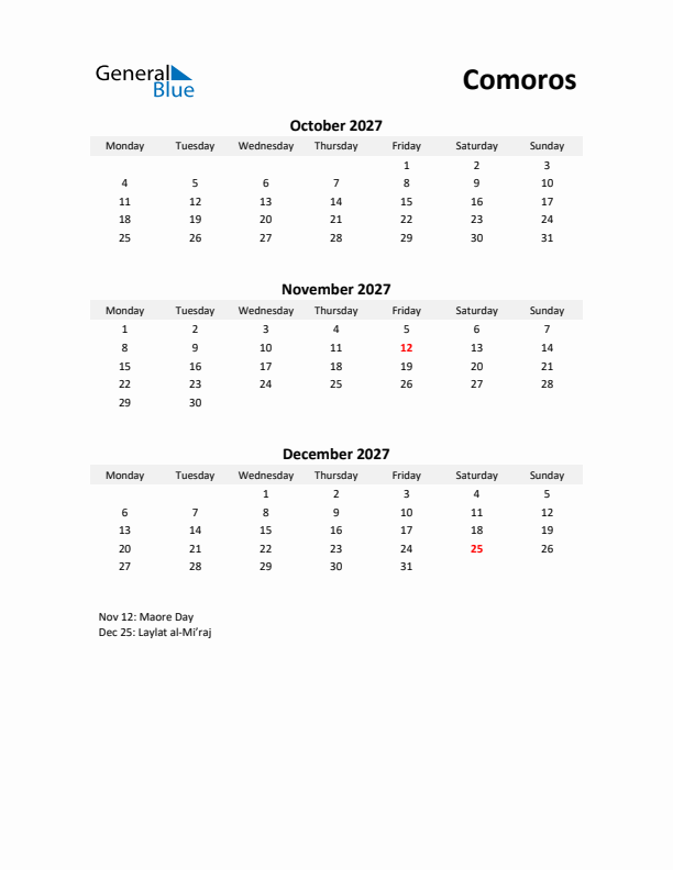 Printable Quarterly Calendar with Notes and Comoros Holidays- Q4 of 2027