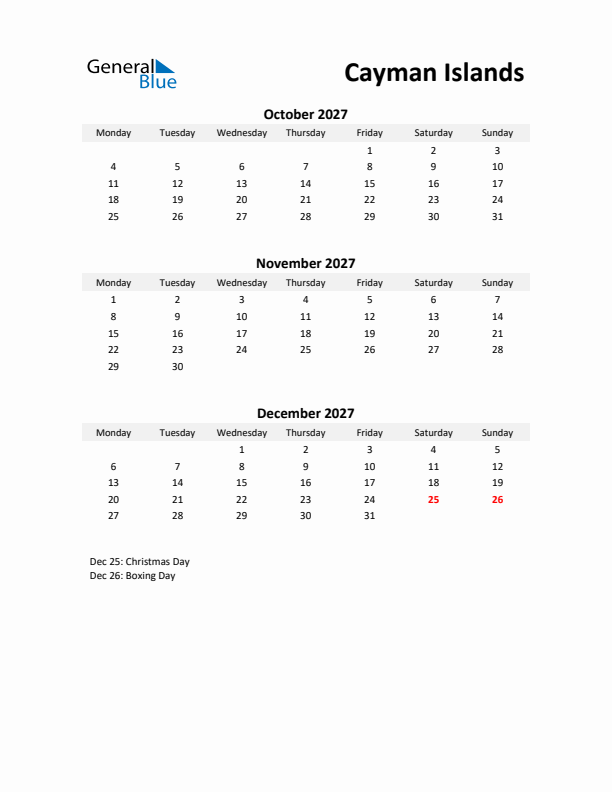 Printable Quarterly Calendar with Notes and Cayman Islands Holidays- Q4 of 2027