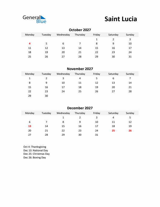 Printable Quarterly Calendar with Notes and Saint Lucia Holidays- Q4 of 2027