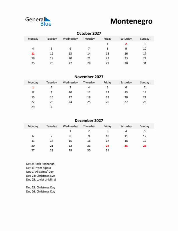 Printable Quarterly Calendar with Notes and Montenegro Holidays- Q4 of 2027