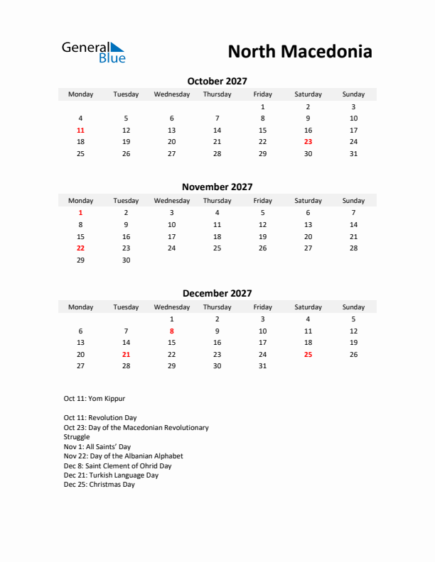 Printable Quarterly Calendar with Notes and North Macedonia Holidays- Q4 of 2027