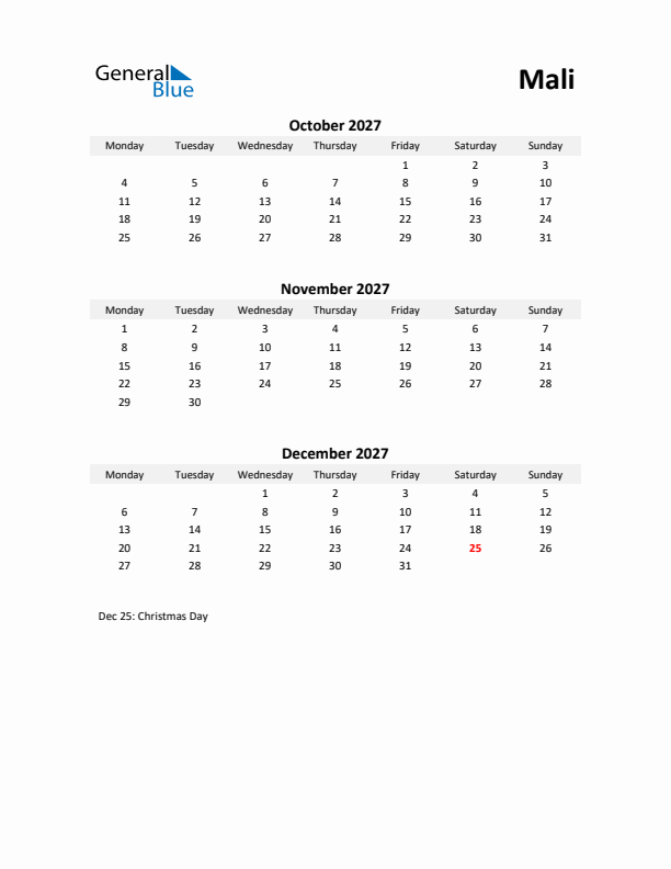 Printable Quarterly Calendar with Notes and Mali Holidays- Q4 of 2027