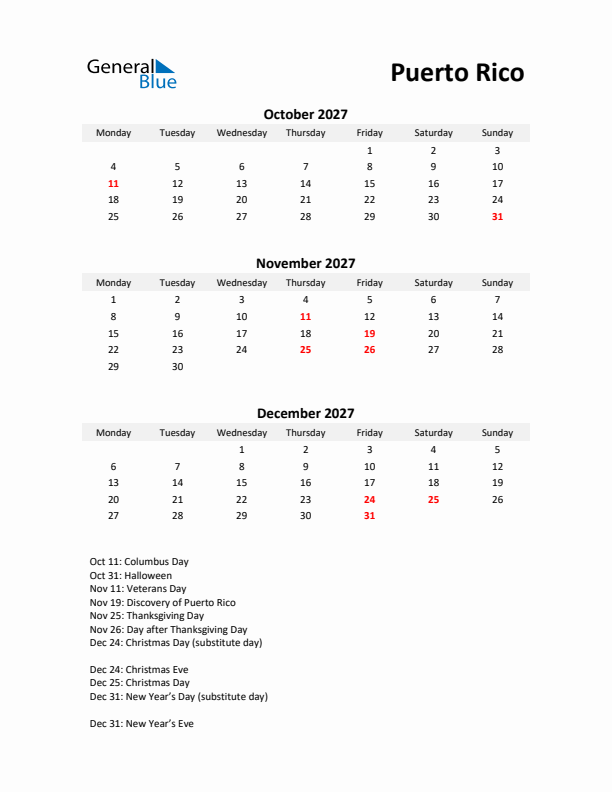 Printable Quarterly Calendar with Notes and Puerto Rico Holidays- Q4 of 2027